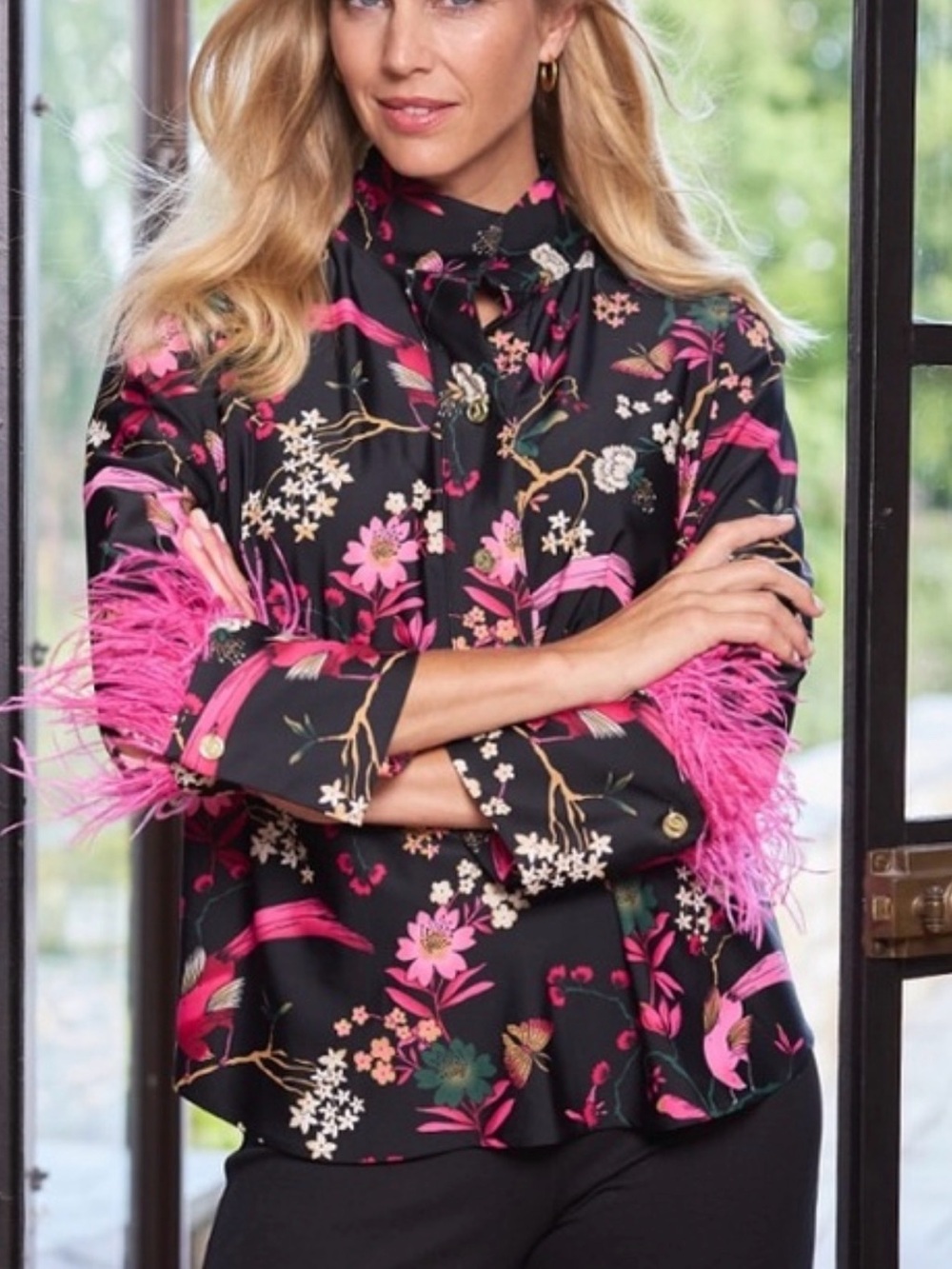 Jude Connally Black Floral Blouse with Pink Feather Trim